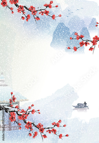 Chinese style winter snowy background with plum blossom branches in the foreground, mountains in the distance and canopy boat
