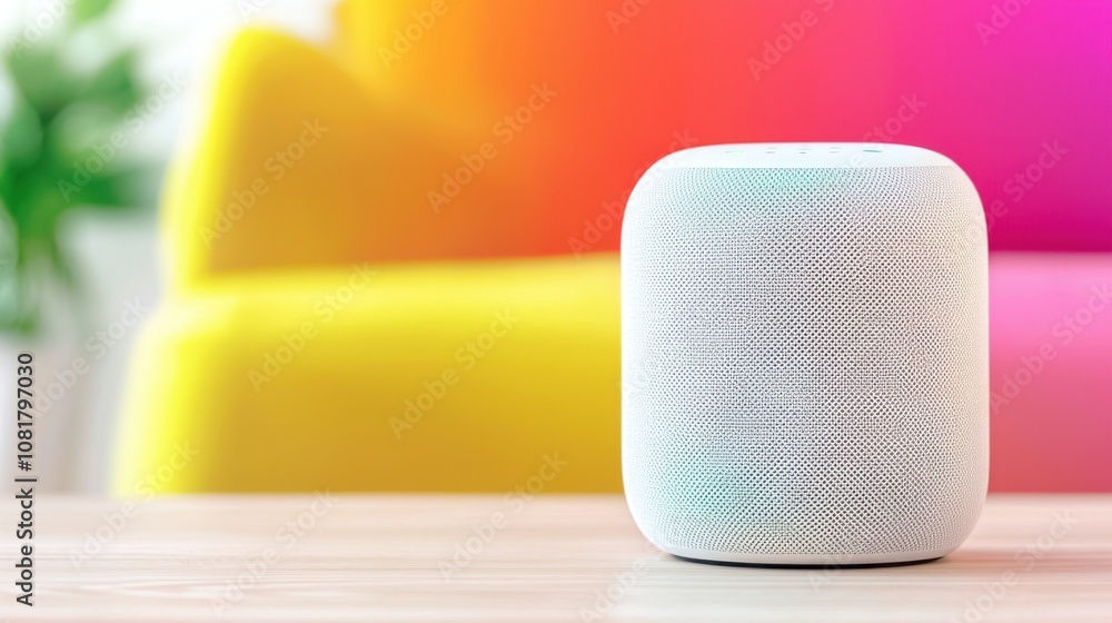 Obraz premium Smart speaker setup cozy living room digital device bright environment close-up view home automation