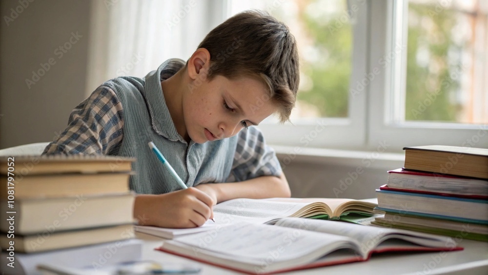 A diligent schoolboy strives to recall and apply the lessons taught by his teacher at the school, while completing his assignments isolated on a A diligent schoolboy strives to recall and apply the lessons taught by his teacher at the school, while completing his assignments isolated on a