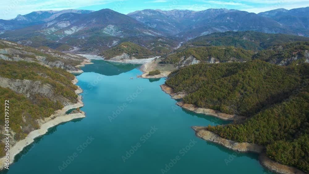 Drone View Over Serene Turquoise Waters of Bovilla Lake Surrounded by Lush Green Hills in Albania Drone View Over Serene Turquoise Waters of Bovilla Lake Surrounded by Lush Green Hills in Albania