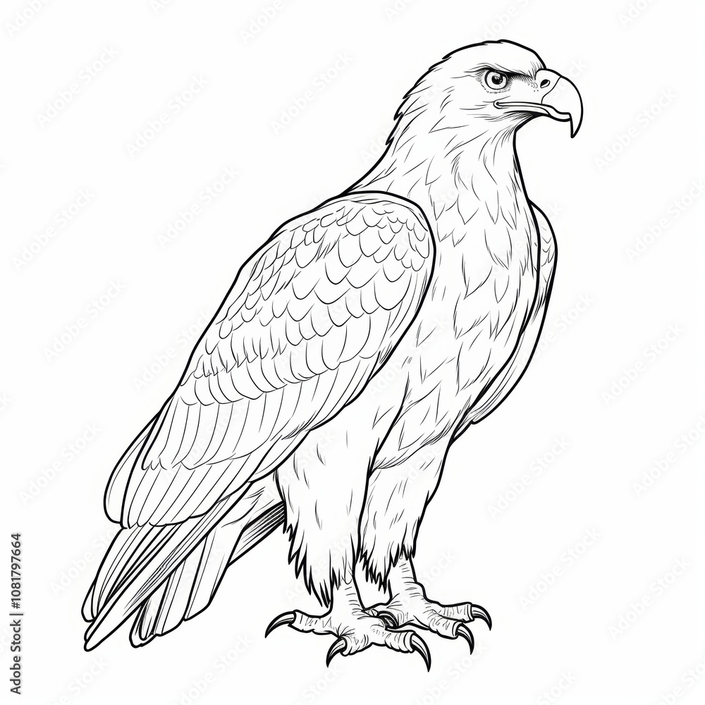 Fototapeta premium Line art illustration of an eagle standing in profile.