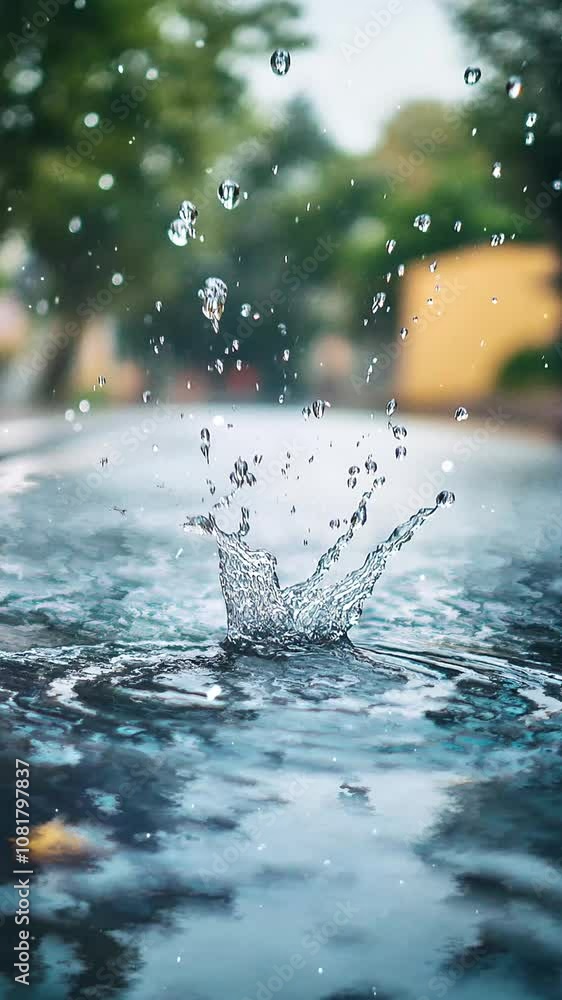 Close-Up of Splashing Water Droplet on Wet Pavement Background. Seamless looping motion design. Video animation. Detailed photograph of a water droplet splashing on wet pavement, capturing the dynamic Close-Up of Splashing Water Droplet on Wet Pavement Background. Seamless looping motion design. Video animation. Detailed photograph of a water droplet splashing on wet pavement, capturing the dynamic