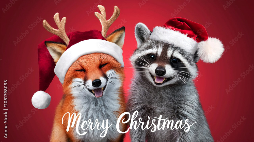 A cute and festive scene with a fox wearing a Santa hat with antlers and a raccoon in a traditional Santa hat both playfully sticking out their tongues with A cute and festive scene with a fox wearing a Santa hat with antlers and a raccoon in a traditional Santa hat both playfully sticking out their tongues with