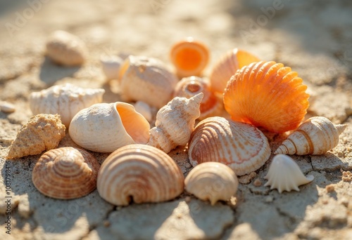 Assorted seashells in various shapes, sizes, and colors including white, beige, and orange shells on a textured surface