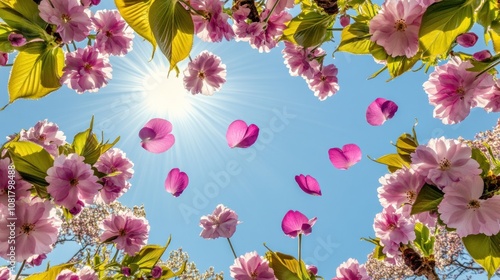 A vibrant scene of pink flowers under a bright sun against a clear blue sky.