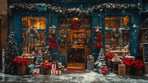 A charming storefront decorated for Christmas with wreaths, garland, and presents in the snow.