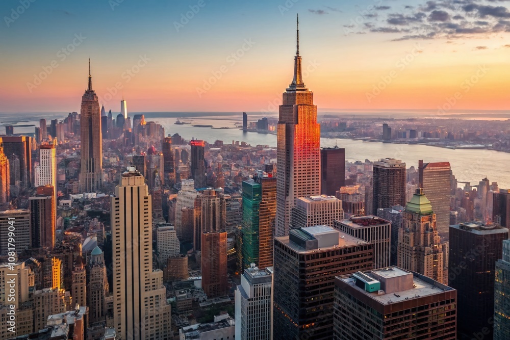 Fototapeta premium Aerial View of New York City Bathed in Sunrise Glow, Capturing Iconic Skyline and Landmarks, Vibrant Colors and Serene Atmosphere in a Generative AI Illustration