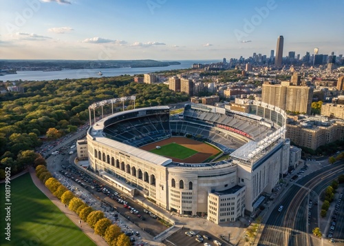 Aerial View of New York City’s Iconic Yankee Stadium Surrounded by Urban Landscape, Showcasing Vibrant City Life and Stunning Architecture in the Heart of the Bronx photo