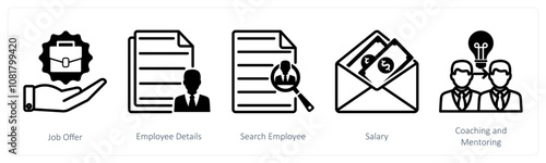 A set of 5 business icons as job offer, employee details, search employee