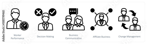 A set of 5 business icons as work performance, decision making, business communication