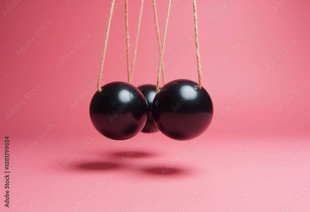 A Newton's cradle with black metal balls on a pink background A Newton's cradle with black metal balls on a pink background