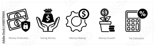 A set of 5 business icons as money protection, saving money, money making