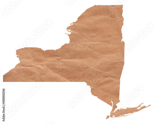 Map of New York State cut from crumpled brown paper texture. Ideal for themes of geography, sustainability, and environmental design.