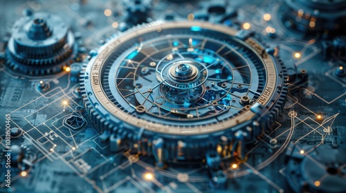 Wallpaper Mural A close-up of a complex, intricate gear system, showcasing a futuristic mechanical design with glowing blue light. Torontodigital.ca