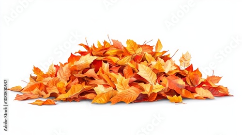 A realistic pile of orange and yellow autumn leaves, scattered loosely on the ground, isolated on white background