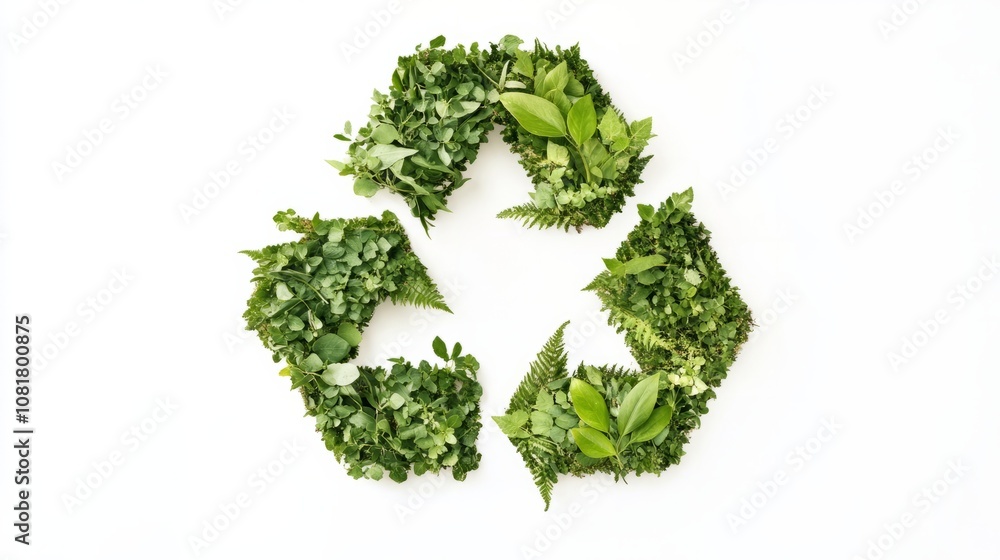 A recycling symbol made of green plants and leaves, isolated on a white background, symbolizing environmental protection and eco-friendliness A recycling symbol made of green plants and leaves, isolated on a white background, symbolizing environmental protection and eco-friendliness