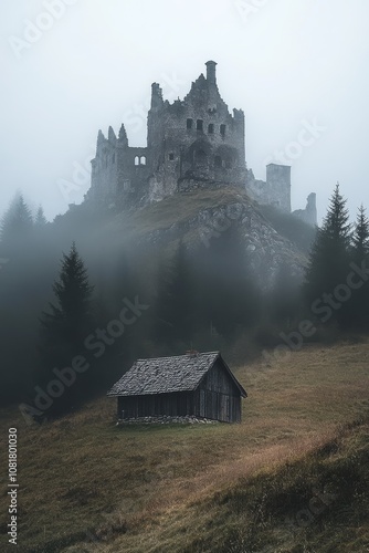 A foggy morning reveals an ancient castle on a hill, with a quaint wooden cabin nestled below amid pine trees. photo