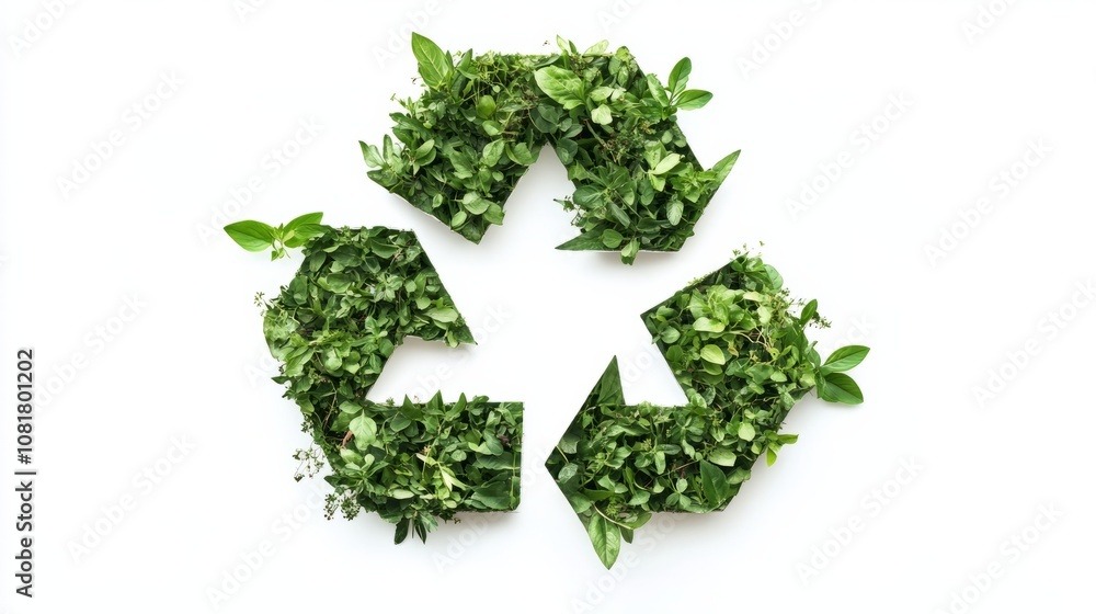 A recycling symbol made of green plants and leaves, isolated on a white background, symbolizing environmental protection and eco-friendliness A recycling symbol made of green plants and leaves, isolated on a white background, symbolizing environmental protection and eco-friendliness