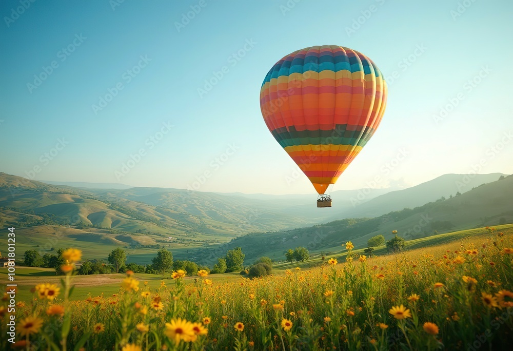 Naklejka premium A colorful hot air balloon floating over a rural landscape with green fields and rolling hills in the background