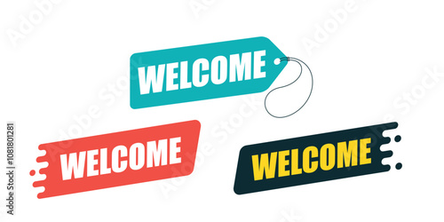 Welcome tags with bold text in various colors. Labels for greetings and introductory messages in marketing and events.