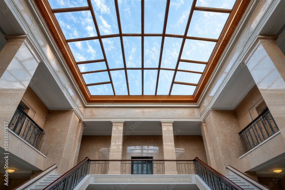Stunning ornamental skylight in natural light, showcasing exquisite Art Deco design and intricate details. Stunning ornamental skylight in natural light, showcasing exquisite Art Deco design and intricate details.