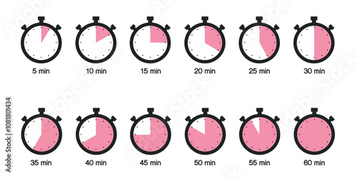 Set of stopwatch icons indicating time intervals from 5 to 60 minutes. Countdown timers for scheduling and time tracking.