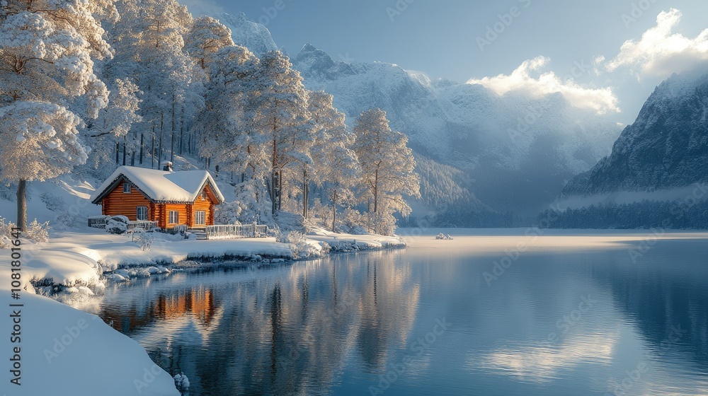 Fototapeta premium A cozy cabin sits on the snowy shore of a tranquil lake surrounded by a forest of snow-covered trees, mountains in the background, and a brilliant blue sky overhead.