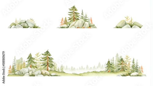 Watercolor forest set. Hand painted illustration isolated on white background.