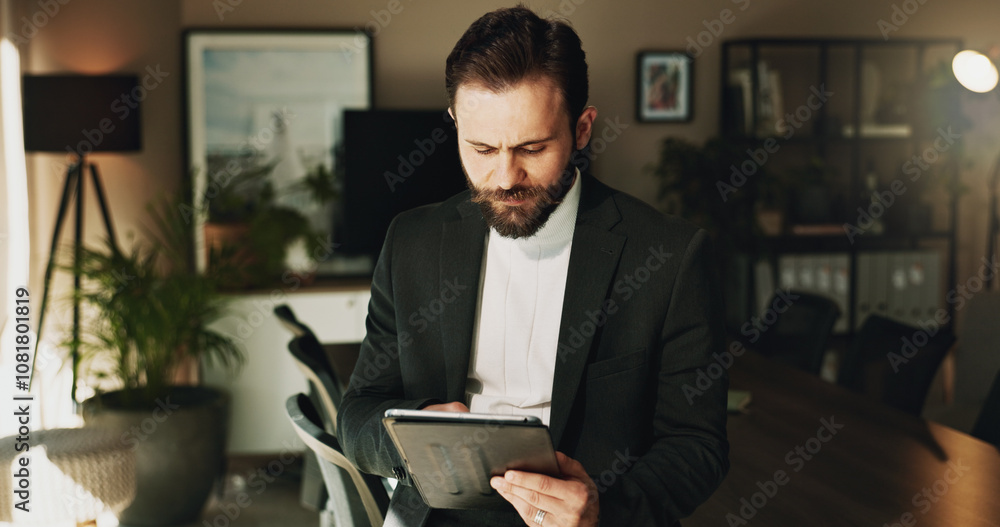 Reading, research and tablet with lawyer man in office for court case preparation or litigation. Information, law firm and legal with attorney person in workplace for justice, prosecution or trial Reading, research and tablet with lawyer man in office for court case preparation or litigation. Information, law firm and legal with attorney person in workplace for justice, prosecution or trial