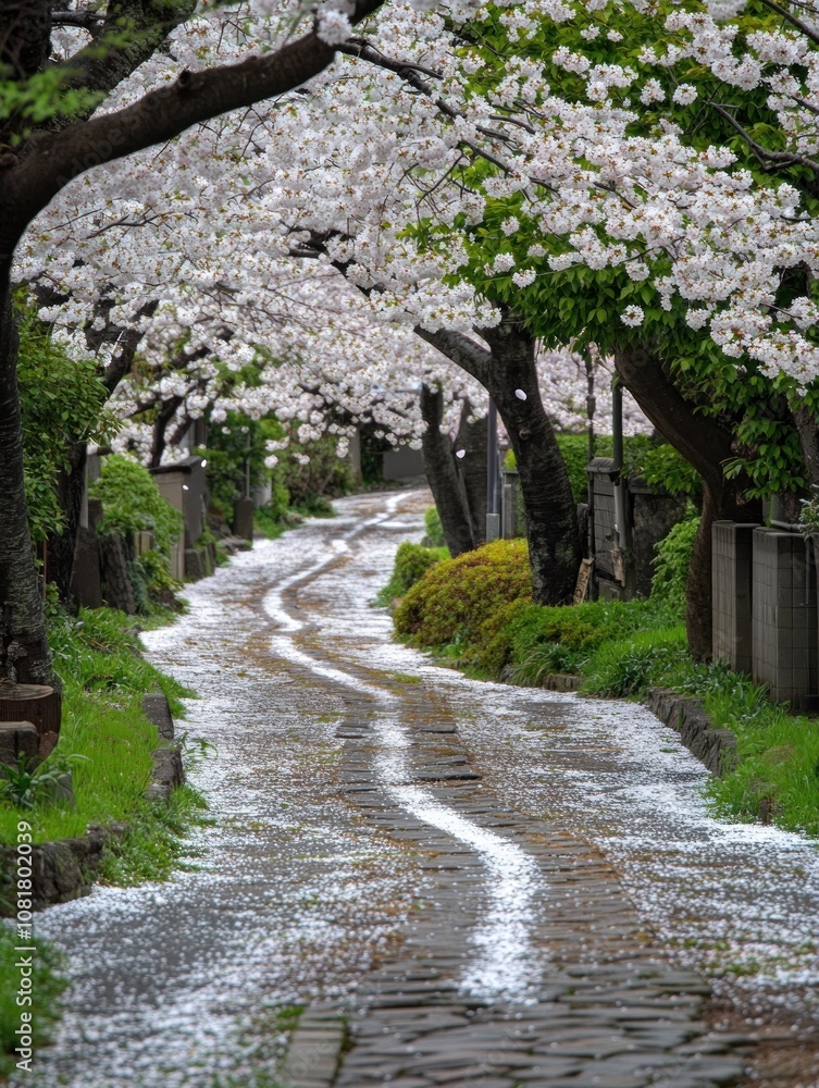 A serene path lined with cherry blossoms, creating a picturesque spring scene. A serene path lined with cherry blossoms, creating a picturesque spring scene.