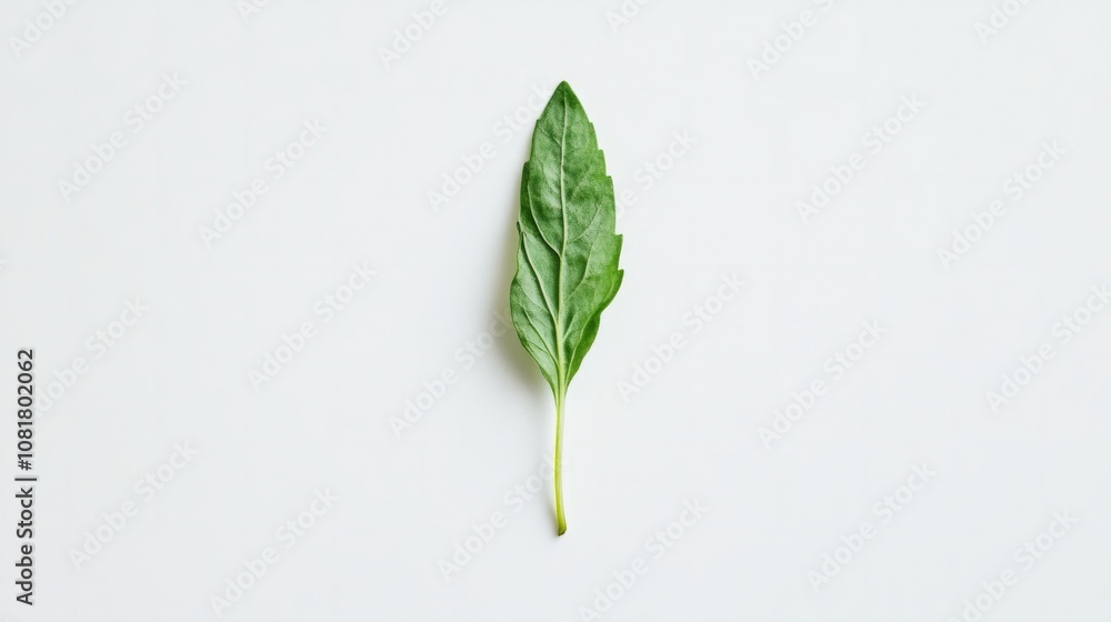 A single dandelion leaf with bright green veins, placed flat on a minimalist white surface A single dandelion leaf with bright green veins, placed flat on a minimalist white surface