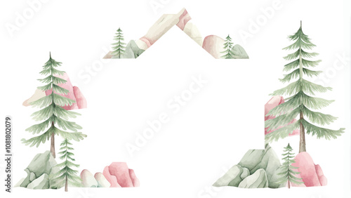 Watercolor hand drawn illustration of a house with a coniferous forest