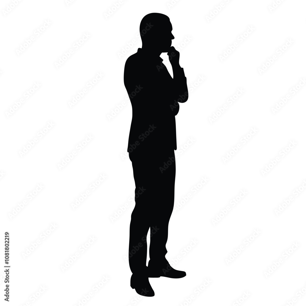 A man is standing in front of a white background. He is wearing a suit and is thinking A man is standing in front of a white background. He is wearing a suit and is thinking