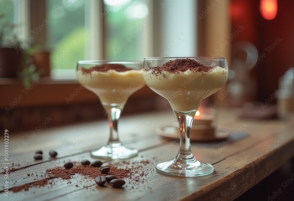 Two glasses of tiramisu dessert with cocoa powder and coffee beans on a wooden table Two glasses of tiramisu dessert with cocoa powder and coffee beans on a wooden table
