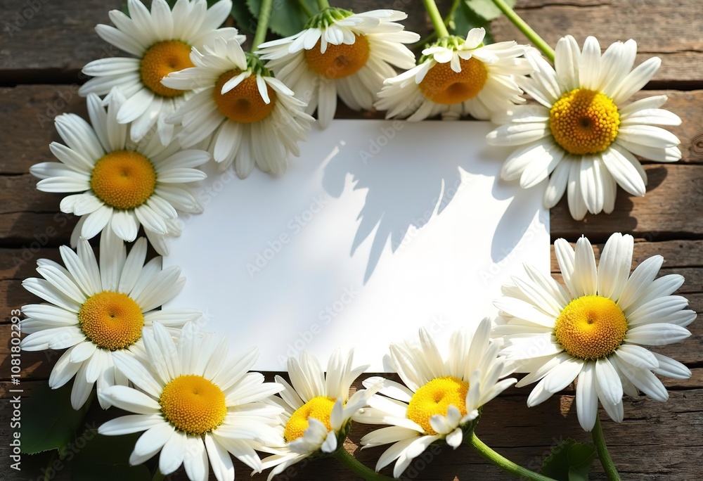 White daisy flowers with a blank card on a wooden surface White daisy flowers with a blank card on a wooden surface