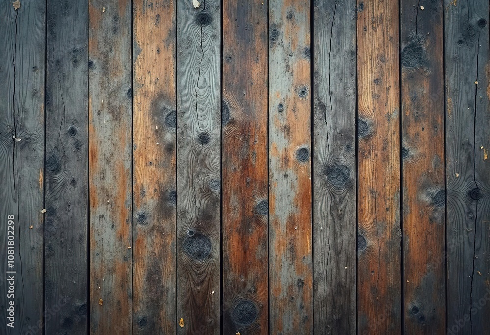 Weathered wooden planks with varying shades of brown and gray, arranged in a grid pattern with visible knots and cracks, creating a rustic and textured background Weathered wooden planks with varying shades of brown and gray, arranged in a grid pattern with visible knots and cracks, creating a rustic and textured background