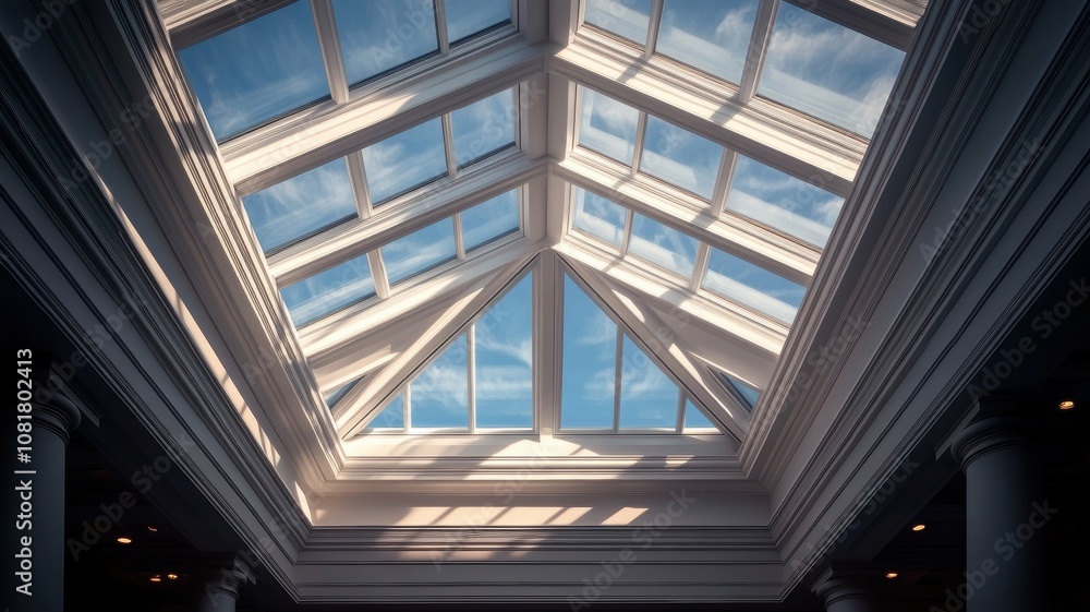 Artistic blend of geometric designs in an ornamental skylight, showcasing intricate patterns and vibrant colors. Artistic blend of geometric designs in an ornamental skylight, showcasing intricate patterns and vibrant colors.