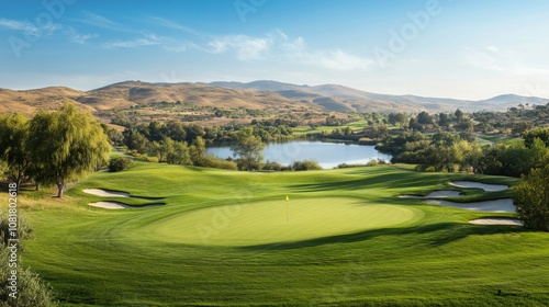 A picturesque outdoor golf course with well-manicured greens, rolling hills, and a lake in the background