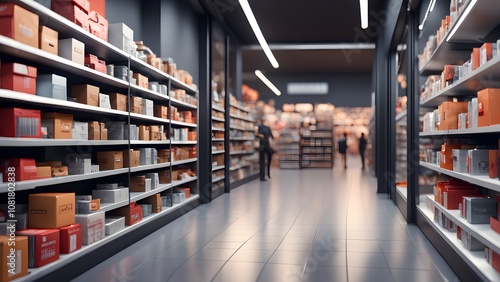 A modern retail store with shelves stocked with various products. The aisles are well-lit and shoppers are browsing.