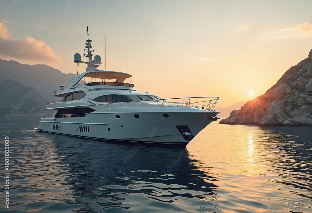 A large white yacht floating on a calm body of water at sunset, with mountains in the background A large white yacht floating on a calm body of water at sunset, with mountains in the background
