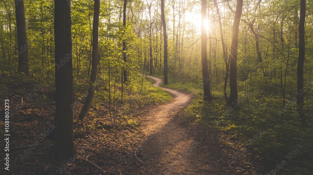 Fototapeta premium A picturesque outdoor hiking trail with winding paths, dense forest, and sunlight filtering through the trees
