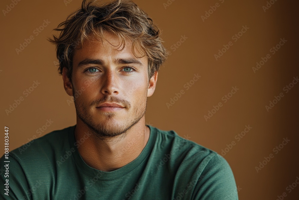 Fototapeta premium minimalistic portrait Scandinavian man in green sweatshirt on brown background