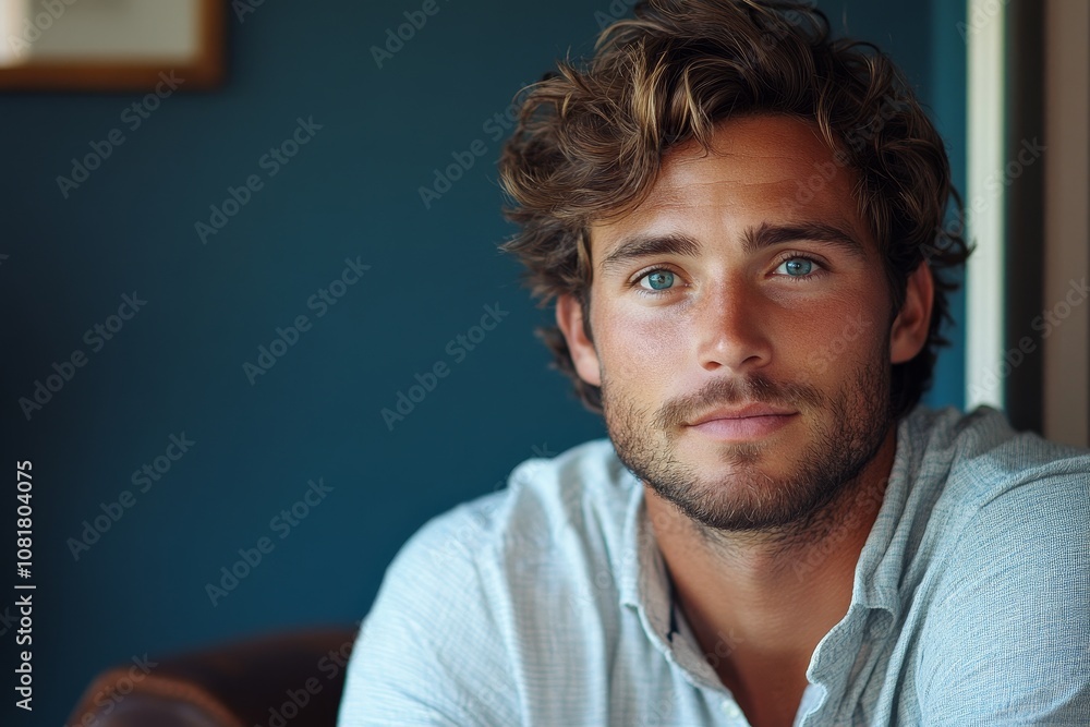 Fototapeta premium handsome caucasian man at home, male minimalistic portrait