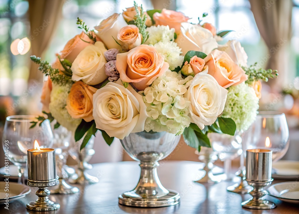 Close up of a beautiful floral centerpiece with peach and white roses in a silver vase on a table set for a wedding reception Close up of a beautiful floral centerpiece with peach and white roses in a silver vase on a table set for a wedding reception