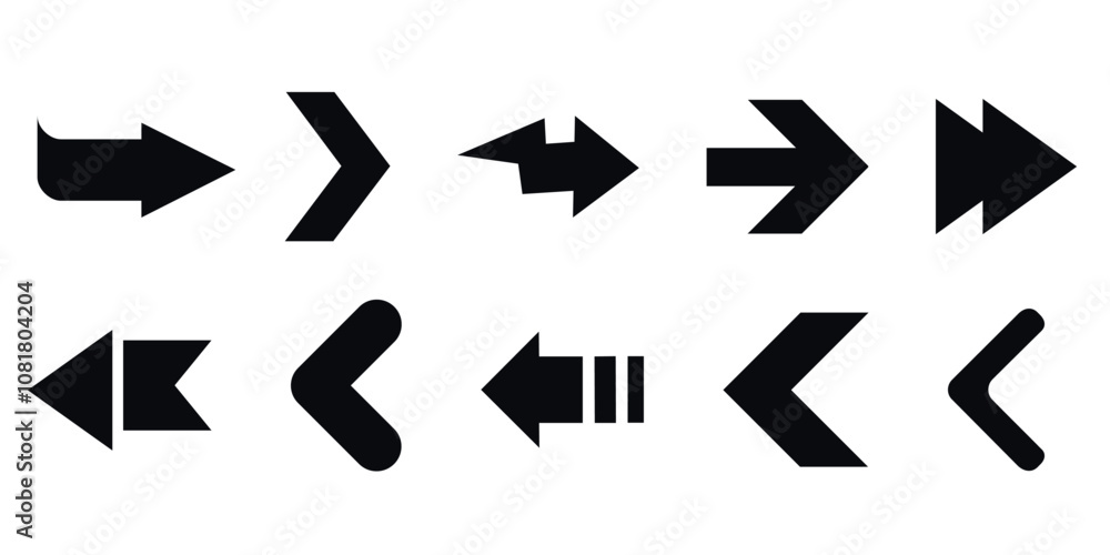 Collection of minimal arrow icons in different shapes and orientations. Navigation symbols for UI and directional indicators. Collection of minimal arrow icons in different shapes and orientations. Navigation symbols for UI and directional indicators.