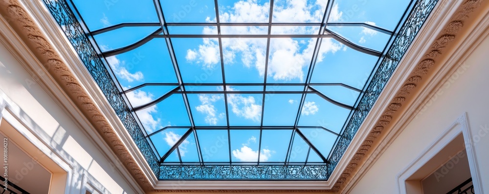 Elegant skylight featuring intricate traditional ironwork design, enhancing architectural beauty and natural light. Elegant skylight featuring intricate traditional ironwork design, enhancing architectural beauty and natural light.