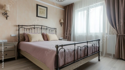 A comfortable double bed with bedside tables in front of a window in a bright Europeanstyle bedroom photo