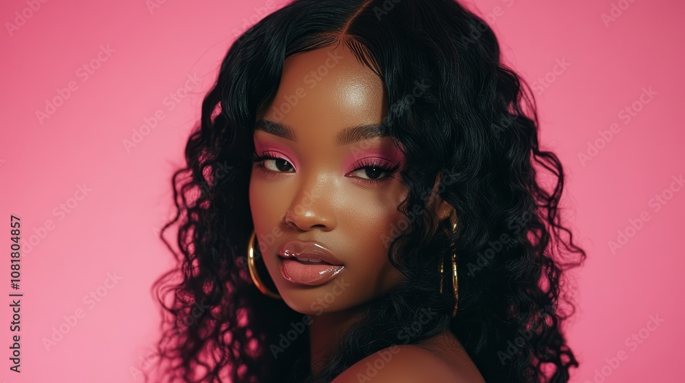 Fototapeta premium Close-up of a woman with vibrant pink makeup and curly hair on a pink background, exuding confidence and style.