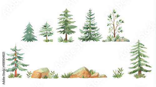 Watercolor set of coniferous trees and rocks on white background