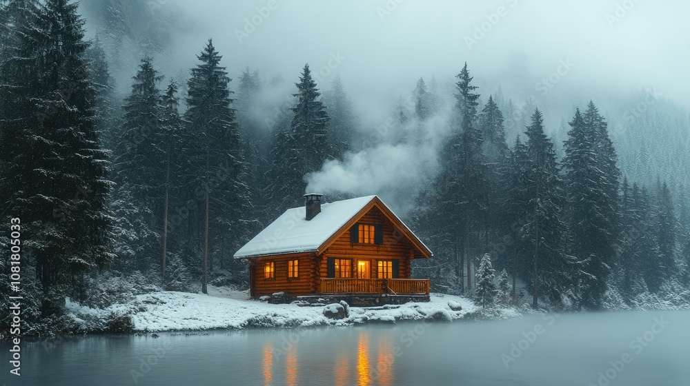 A cozy wooden cabin with glowing windows sits on a snow-covered lakeshore with mist rising from the water in a snowy forest. A cozy wooden cabin with glowing windows sits on a snow-covered lakeshore with mist rising from the water in a snowy forest.